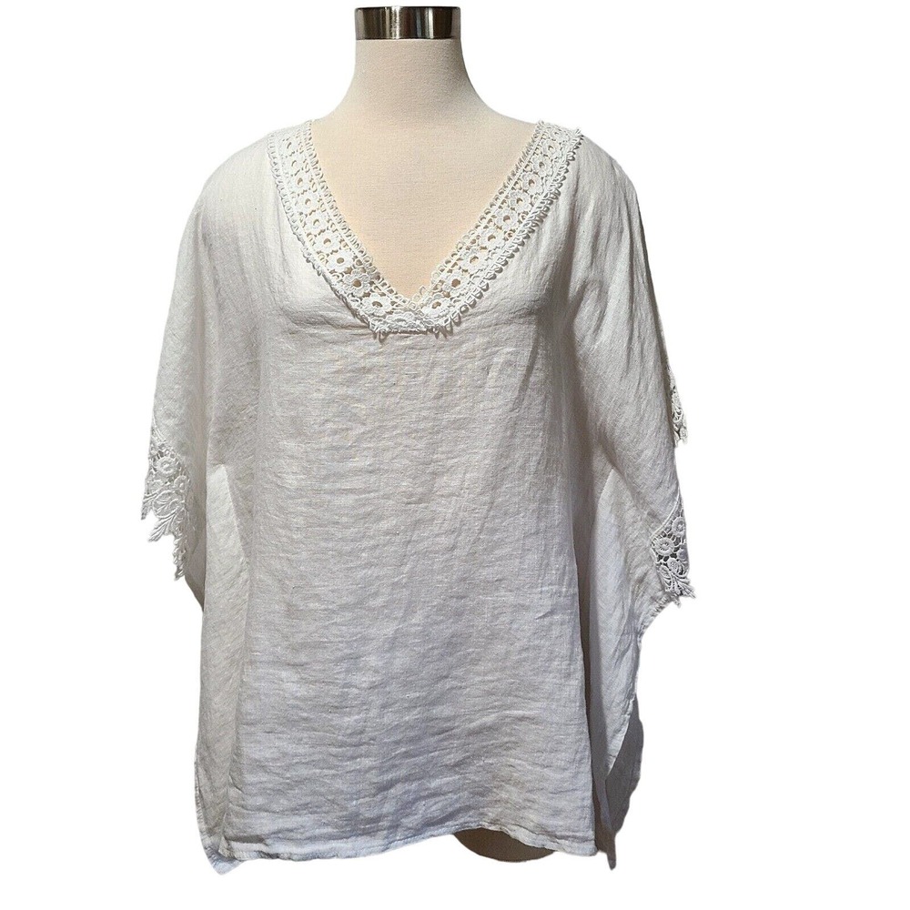 Bellambia White Linen Poncho Top Crochet Lace Trim Made in Italy One Size Womens